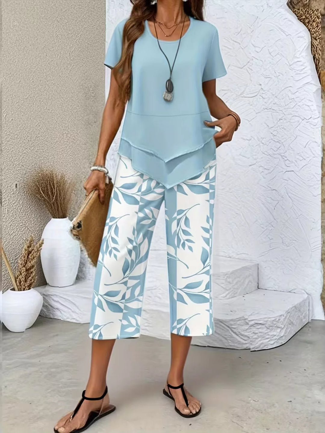 Layered Top and Leaf Print Cropped Pants Set
