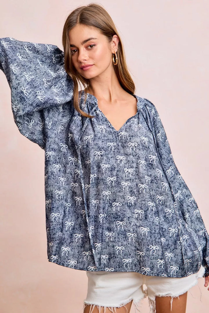 BiBi Ribbon Bow Print Exaggerated Balloon Sleeves Top