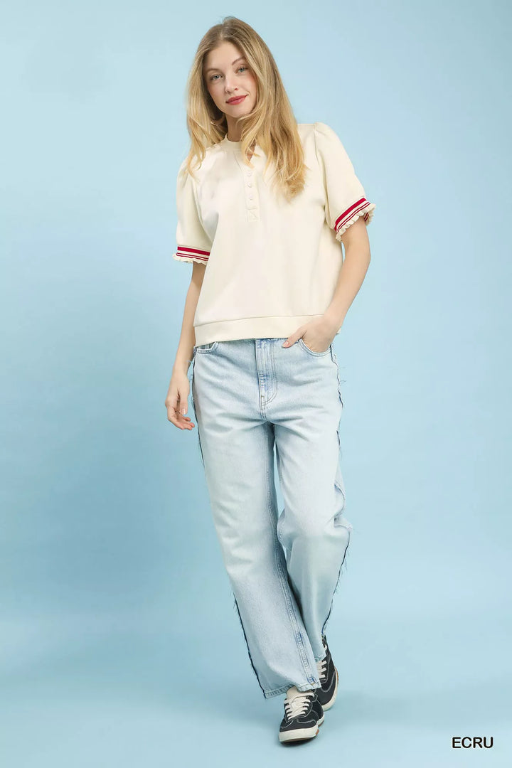 Umgee Puff Sleeve Button Front Top with Contrast Trim