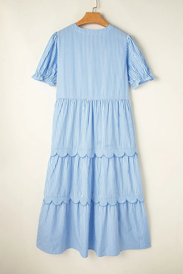 Stripe Bubble Short Sleeve Tiered Scallop Midi Dress