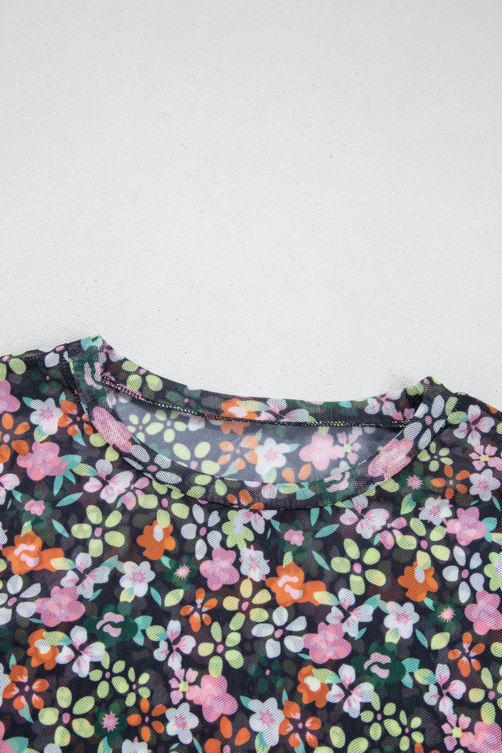 Black Sheer Floral Mesh Round Neck T Shirt