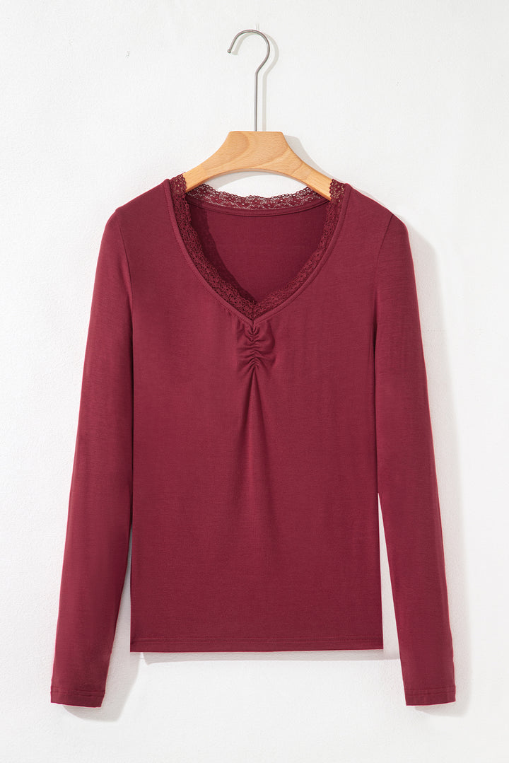 Red Dahlia Lace-trimmed Sweetheart Neckline Ruched Detail Long Sleeve T-shirt