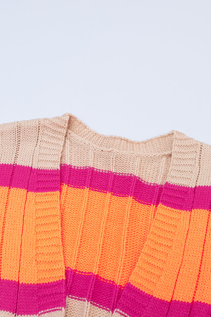 Orange Striped Colorblock Drop Shoulder Slouchy Cardigan