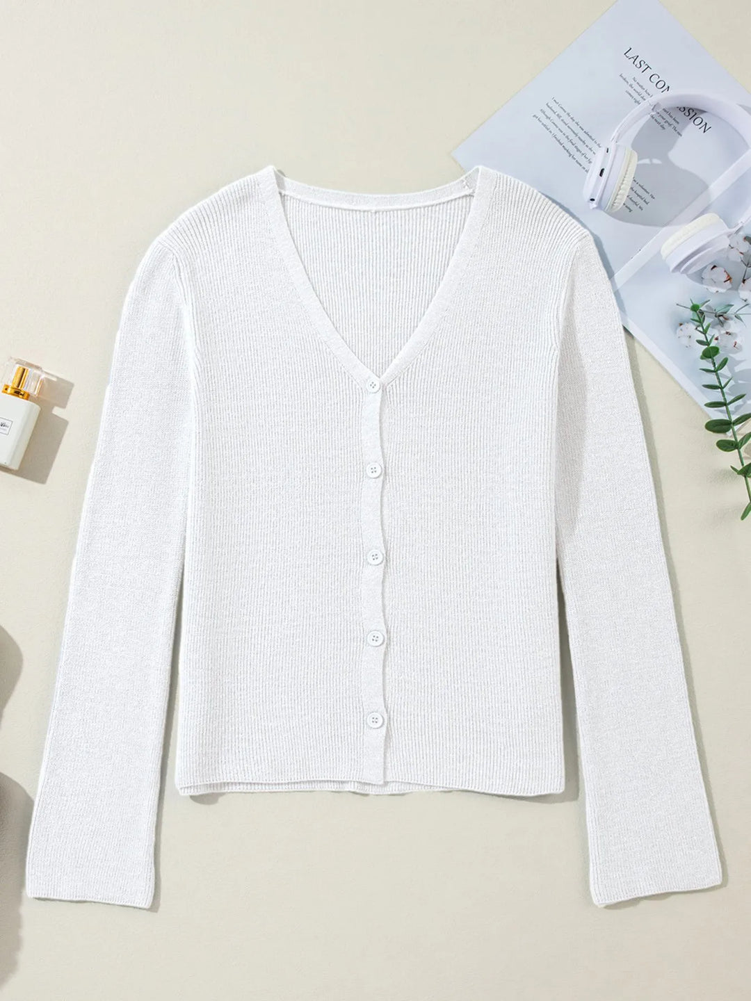Ribbed Knit Button Front V Neck Cardigan