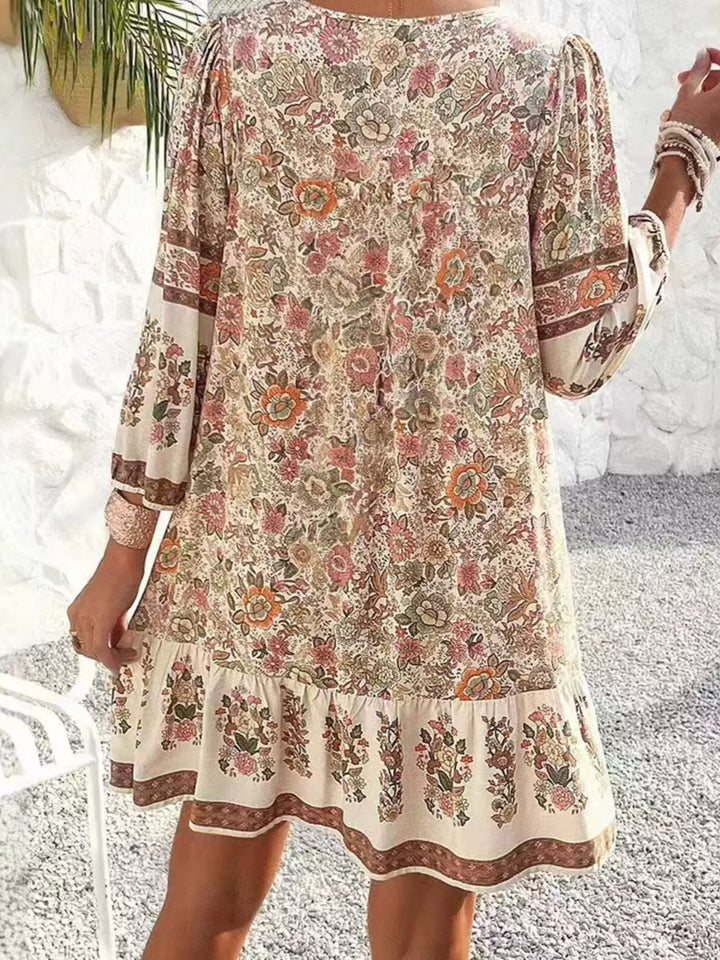 Floral Print Tassel Tie Neck Mini Dress