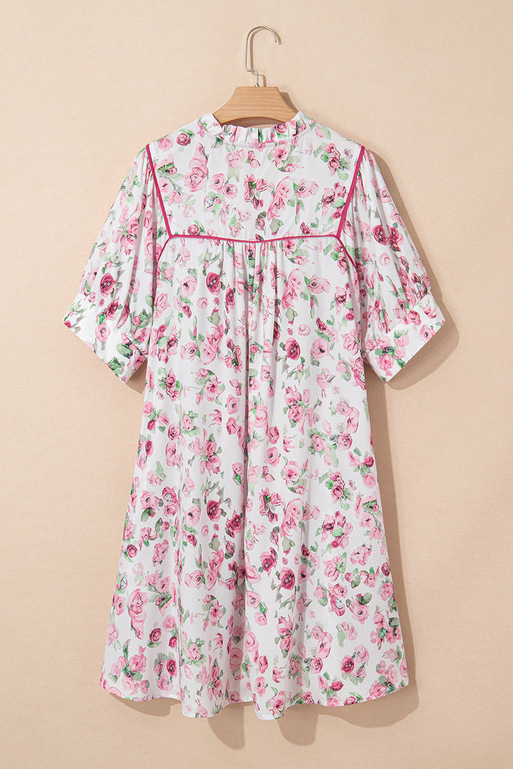 Pink Floral Split Neck Short Sleeve Loose Plus Size Mini Dress