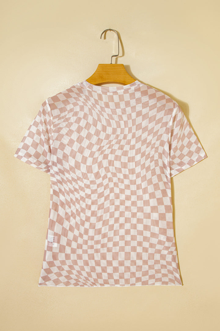 Khaki Checkered Print Mock Neck Mesh T Shirt