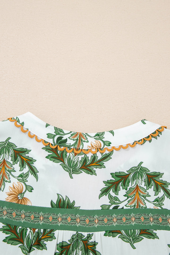 Green Plus Size Floral Printed Contrast Patchwork Detail Tassel Tie 3/4 Sleeve Blouse