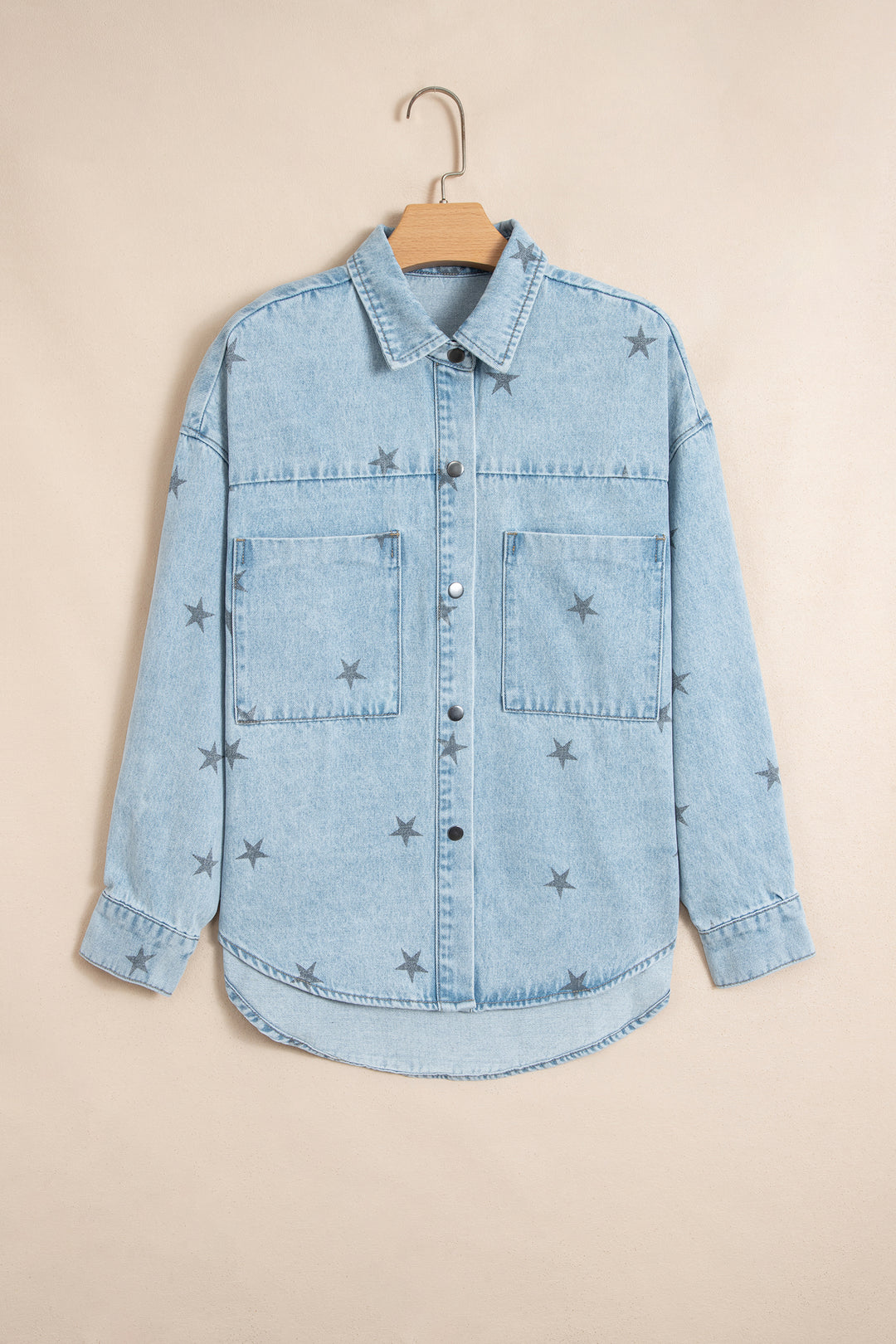 Sky Blue Stars Pattern Long Sleeve Shirt Collar Denim Jacket