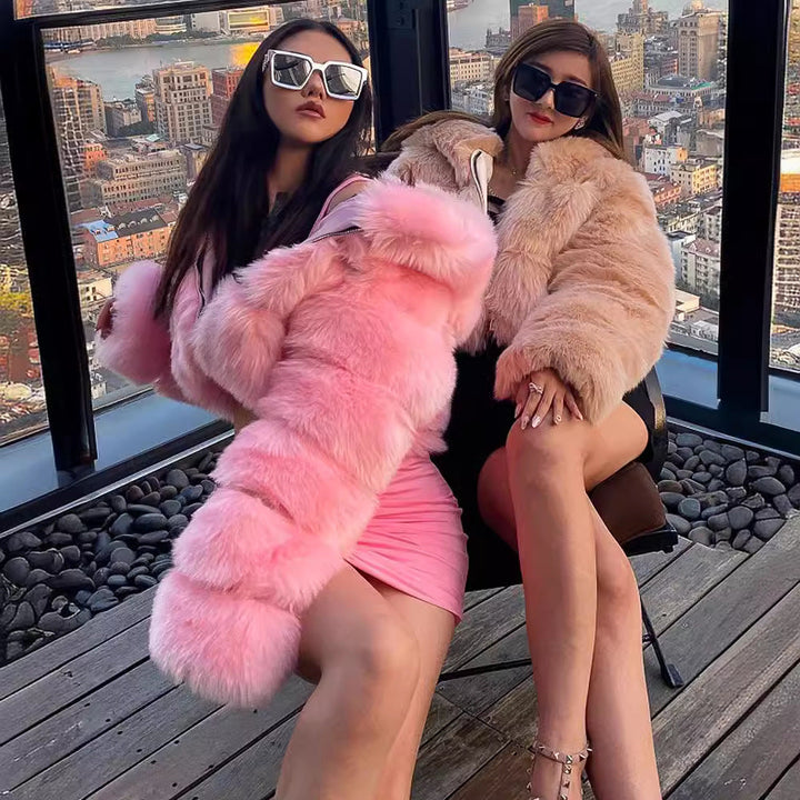 Short Hooded Faux Fur Long Sleeve Coat