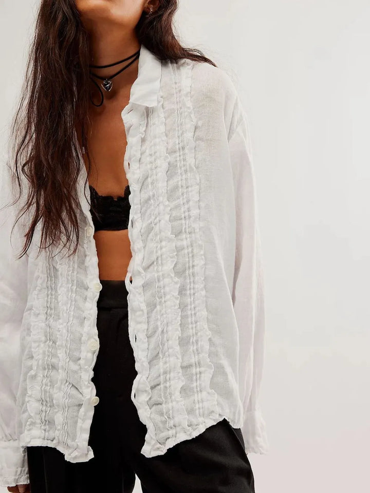Frill Ruched Collared Neck Long Sleeve Shirt