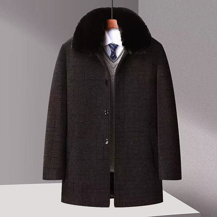 Autumn And Winter New Men's Trench Coat Chenille Fleece-lined Middle-aged And Elderly Men's Fur Collar Woolen Coat