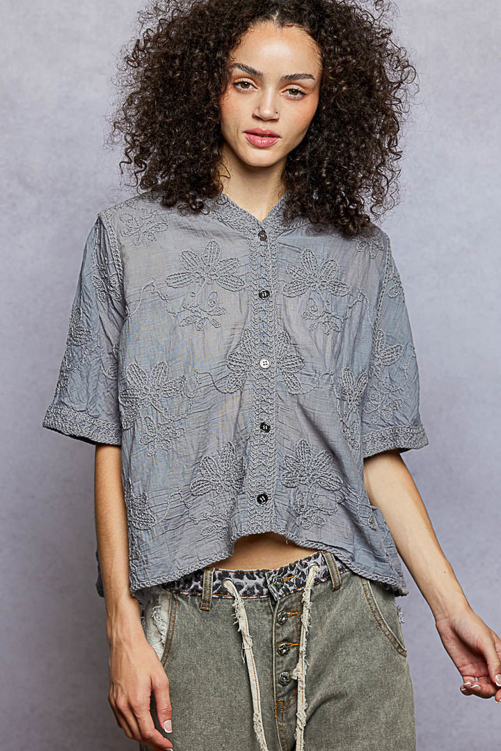 POL Button Front Floral Stitching Breathable Hooded Shirt