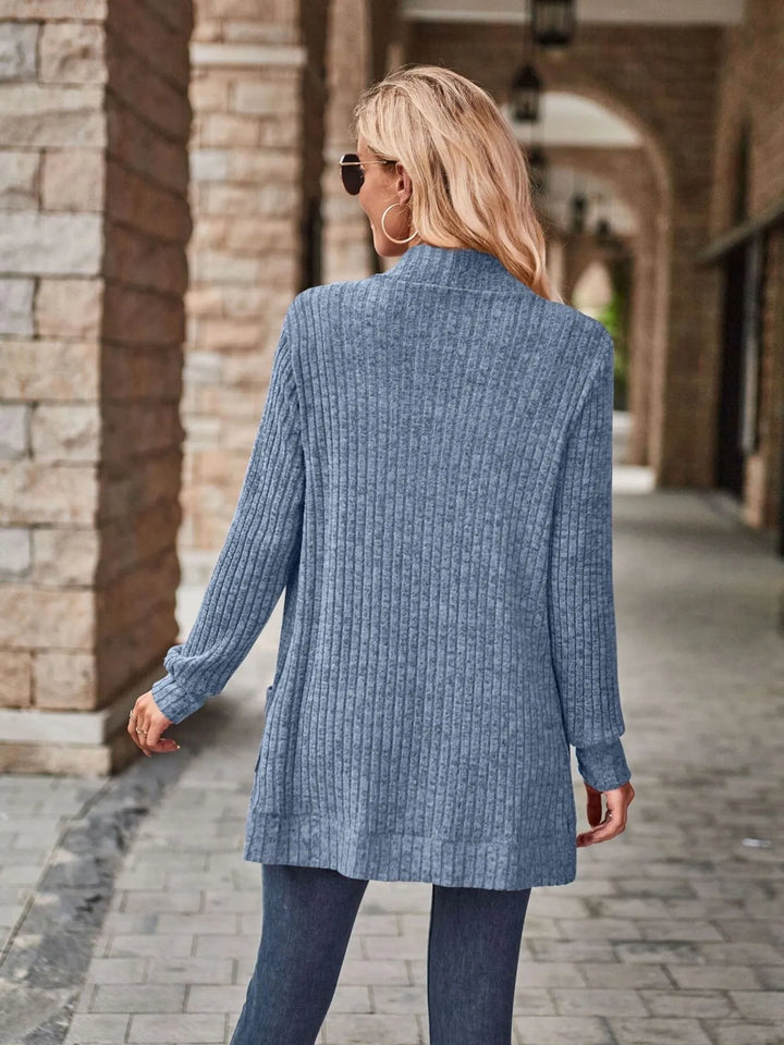 Ribbed Open Front Long Cardigan with Pockets