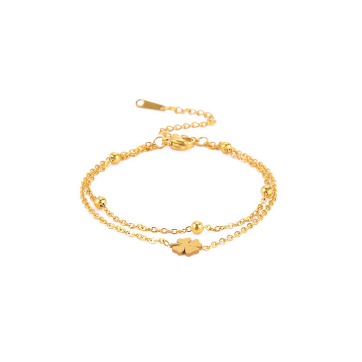 Stainless Steel Cut Clover Charm Double-layer Ankle Bracelet For Women