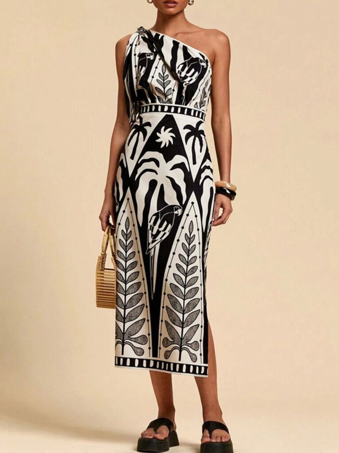 One-Shoulder Tropical Print Midi Dress