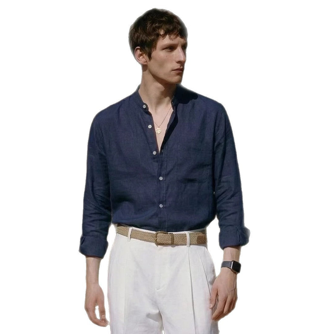 Mens Solid Color Loose Fit Casual Linen Shirt Top