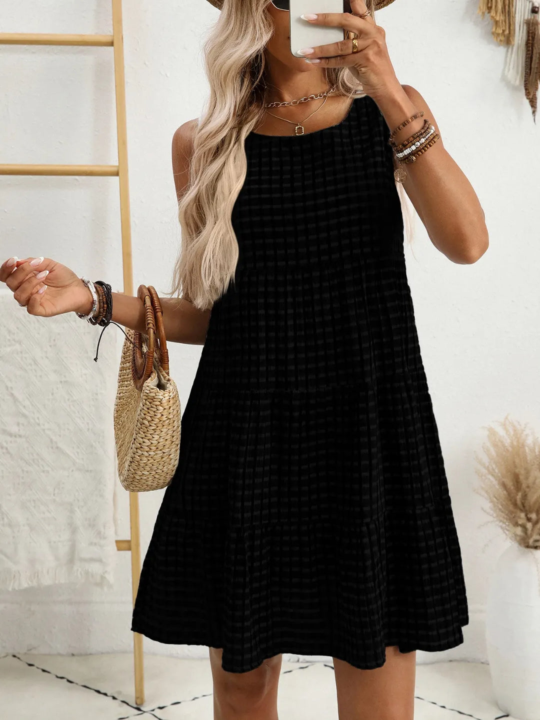 Plaid Round Neck Sleeveless Mini Dress