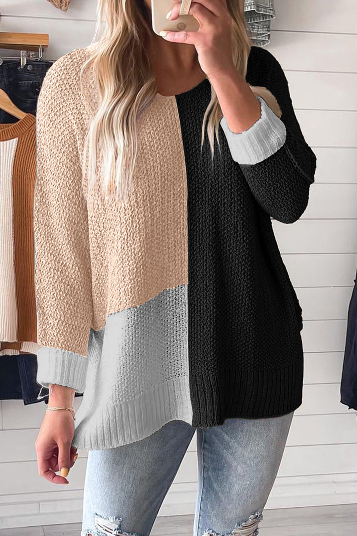 Black Color Block Knit V Neck Loose Sweater