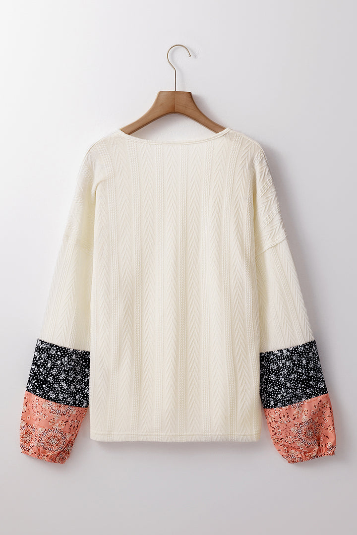 Beige Floral Patchwork Textured Knit Drawstring V Neck Blouse