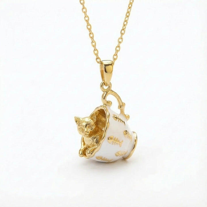 Golden Pendant Necklace In The Shape Of A Teacup Rabbit