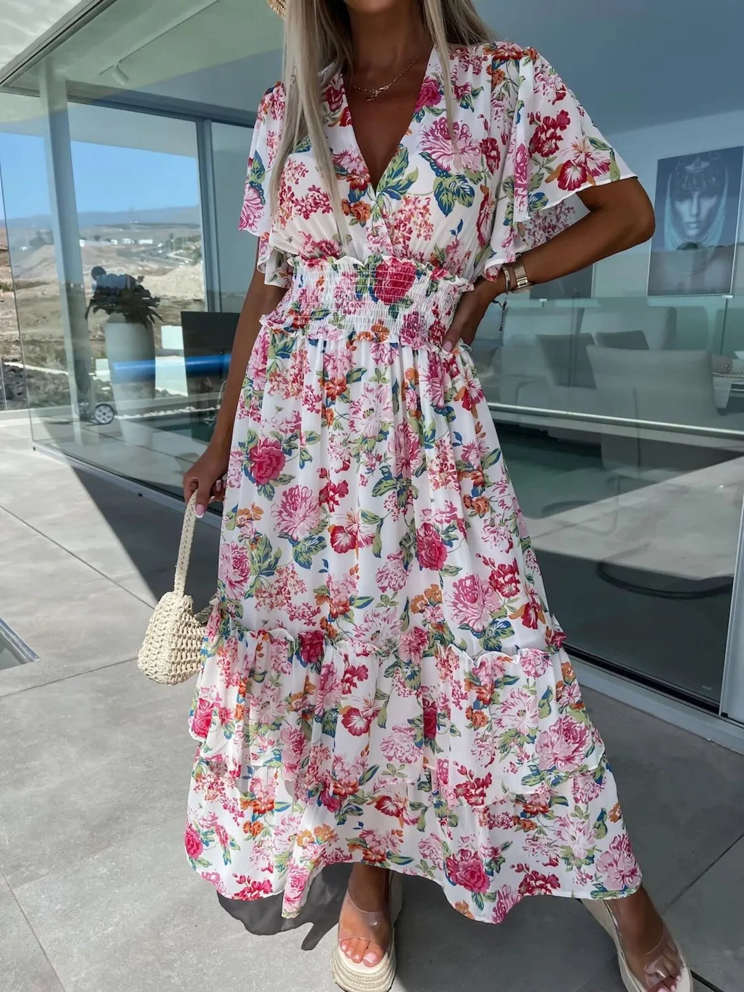Floral Print Flutter Sleeve Maxi Dress