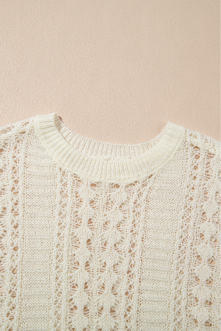 White Hollow Out Knit Bracelet Sleeve Drop Shoulder Sweater