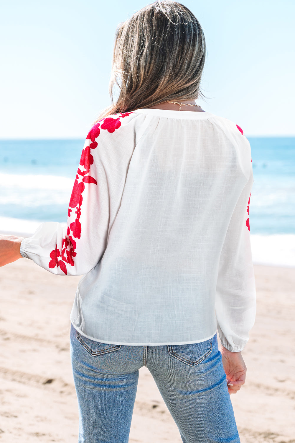 White Floral Embroidered Puff Long Sleeve Casual Shirt