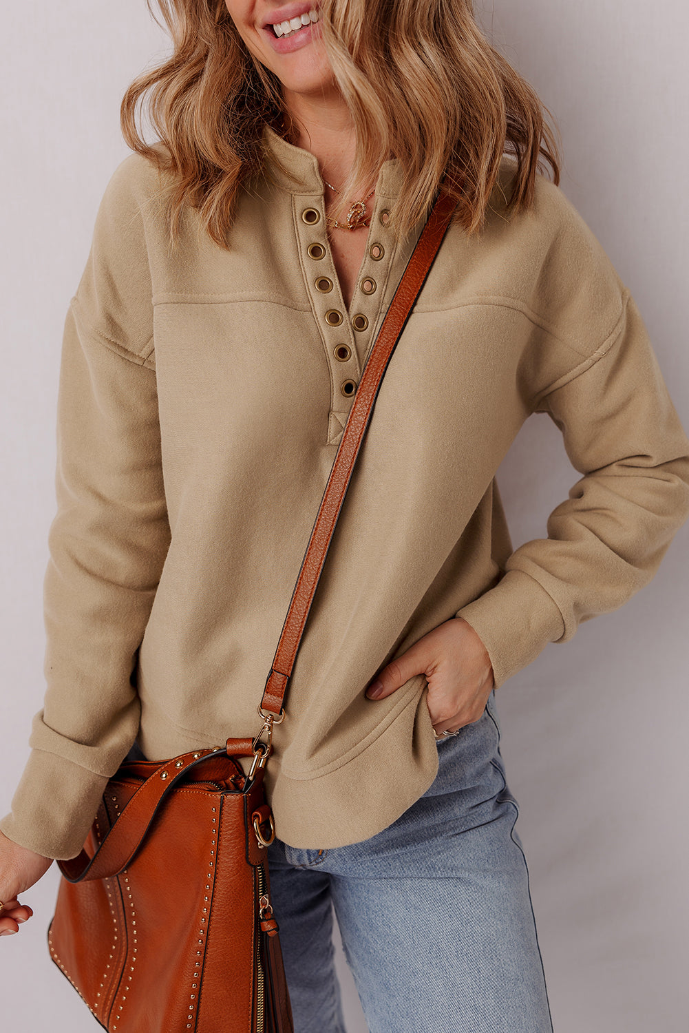 Light French Beige Grommet Detail V Neck Sweatshirt