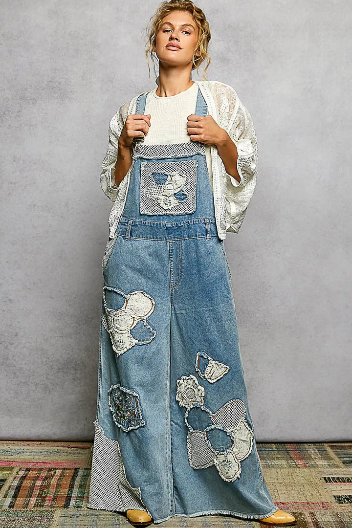 POL Open Front Crochet Cardigan with Floral Embroidery