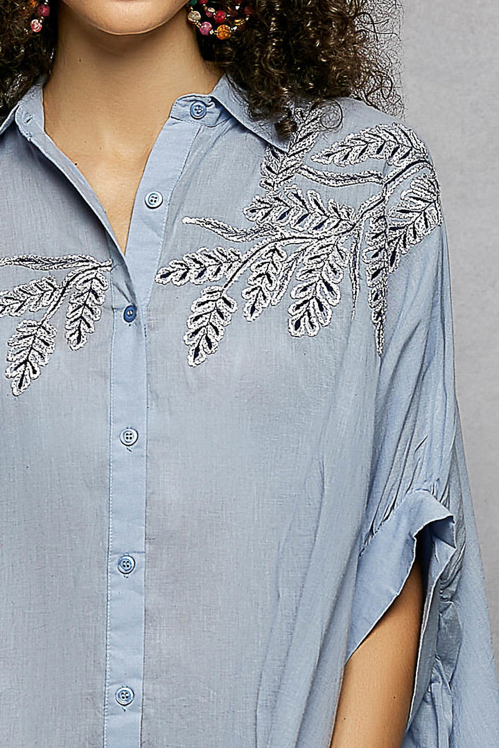 POL Button Down Embroidered Floral High-Low Hem Shirt
