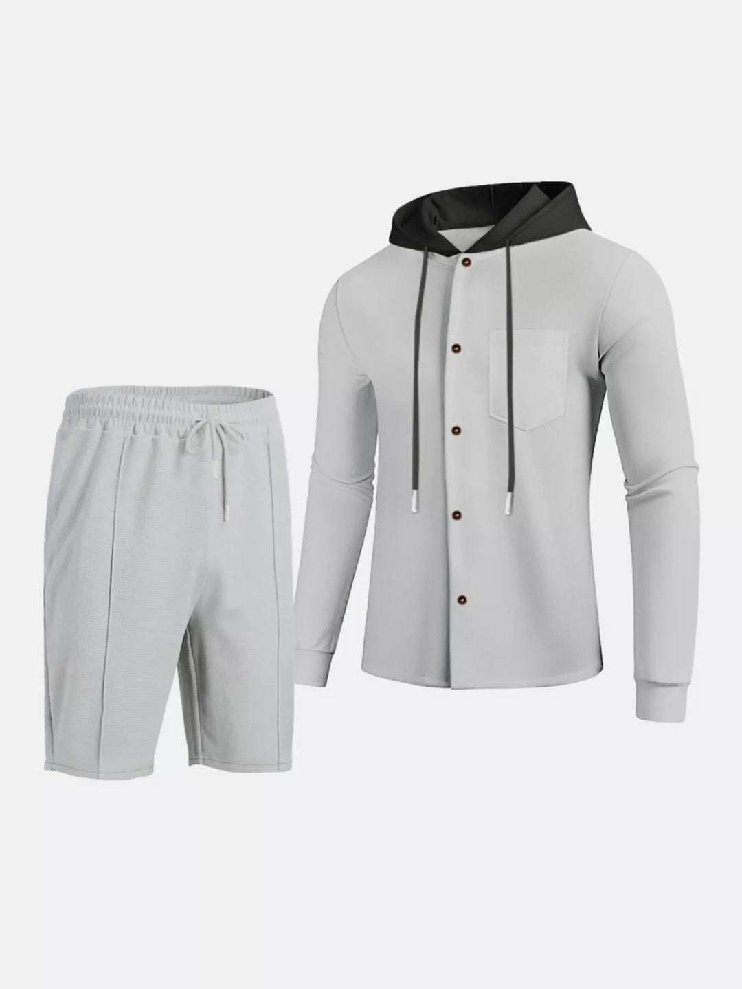 Men's Full Size Casual Hooded Button-Up Top and Shorts Set Plus Size