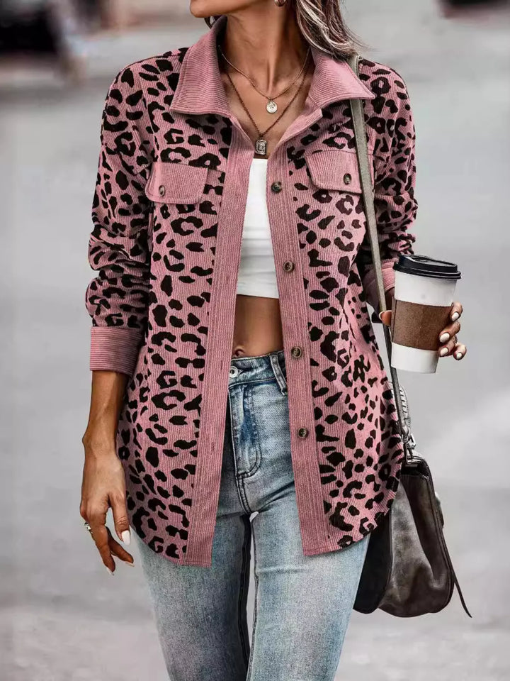 Full Size Leopard Print Button-Down Jacket Plus Size