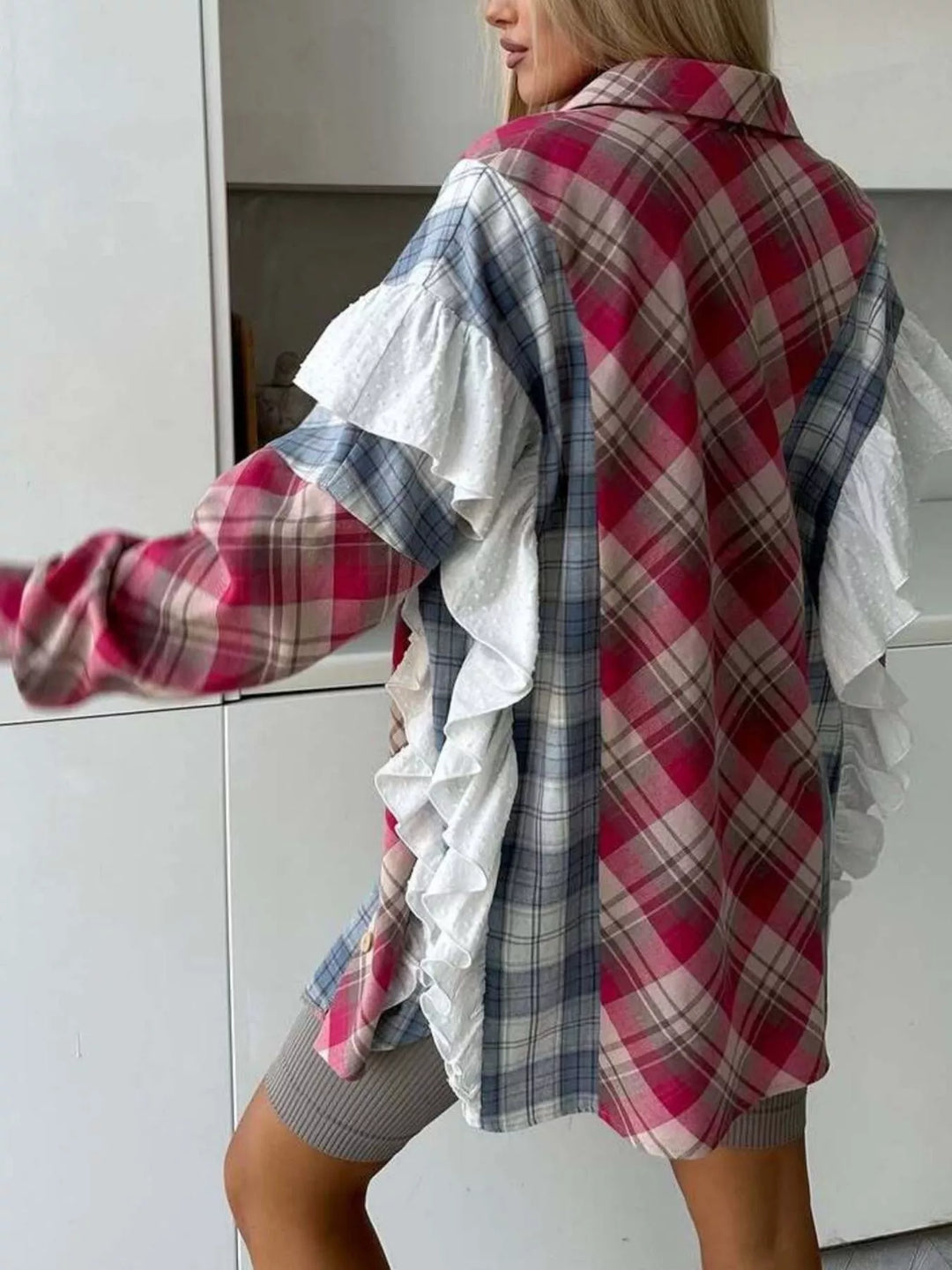 Ruffled Plaid Long Sleeve Shirt