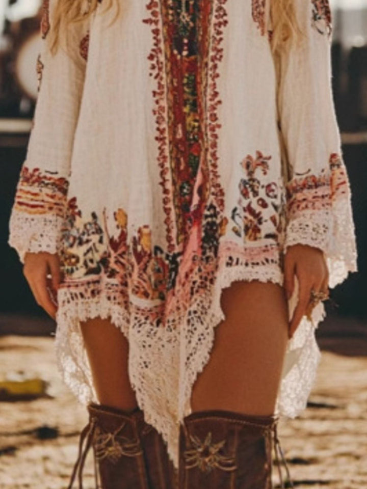 Lace Trim Long Sleeve Mini Dress