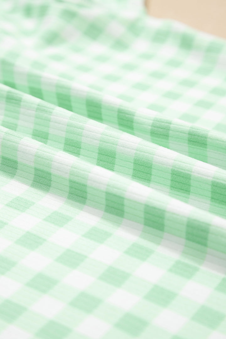 Green Gingham Long Sleeve Loose Top Drawstring Shorts 2pcs Lounge Set