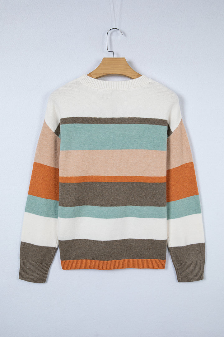 White Striped Color Block Knit Drop Shoulder Sweater