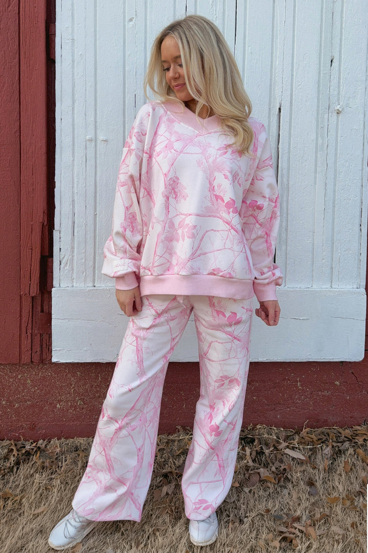 Pink Abstract Plant Print Long Sleeve V Neck Pant Set