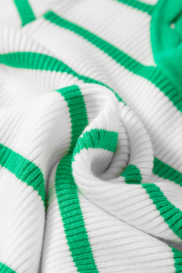 Bright Green Scalloped Trim U Neck Striped Ribbed Slim Sweater