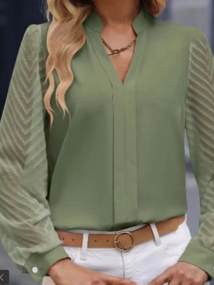 Notched Long Sleeve Blouse