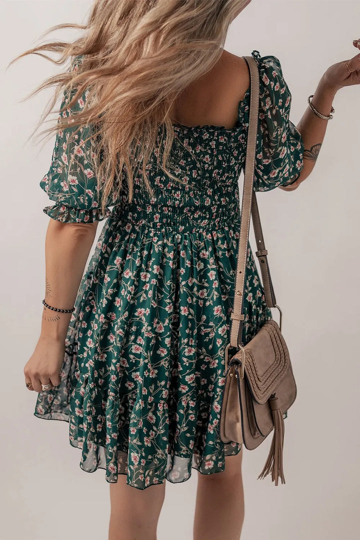 Smocked Square Neck Puff Short Sleeve Floral Dress