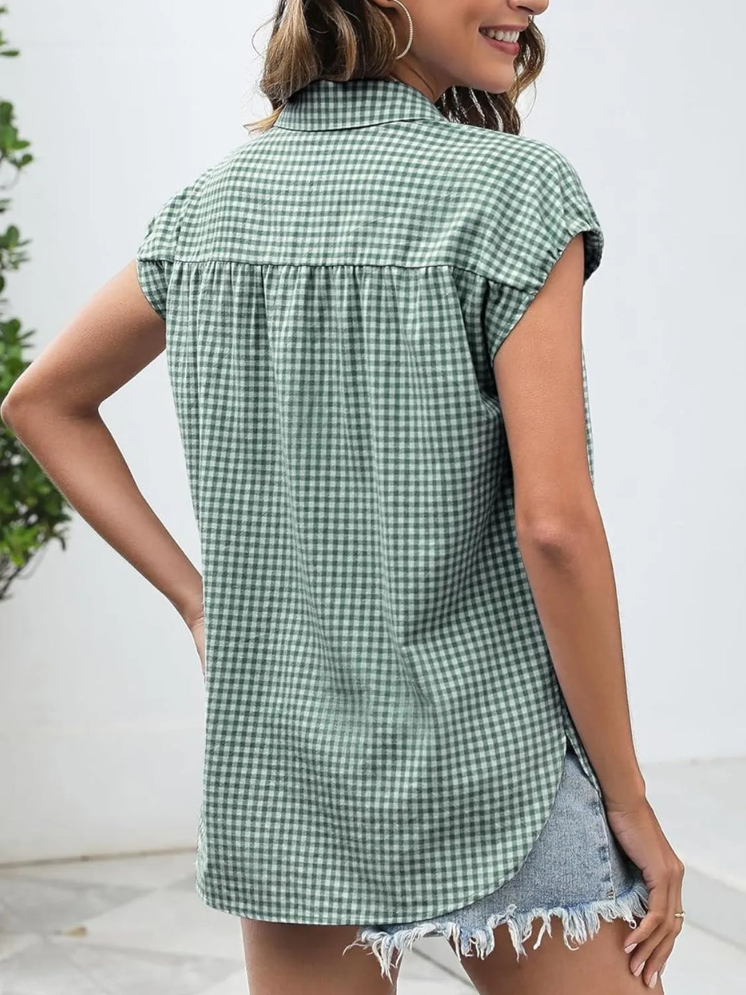 Plaid Button Up Cap Sleeve Shirt