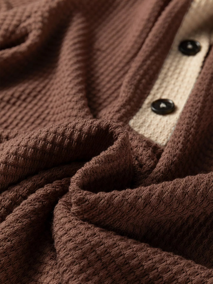 Waffle Contrast Half Buttoned Hooded Pullover Top