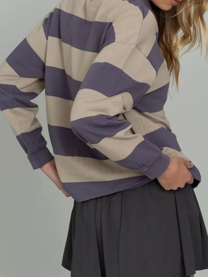 Striped Polo Collar Sweatshirt with Button Details