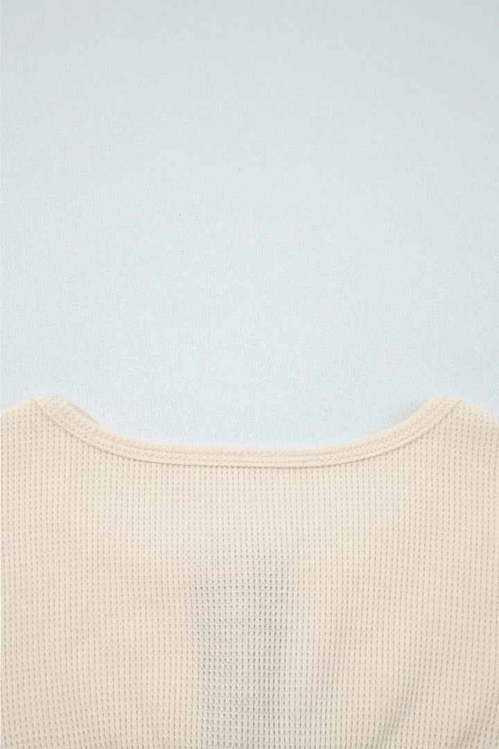 Waffle Knit Plaid Patchwork Long Sleeve Blouse