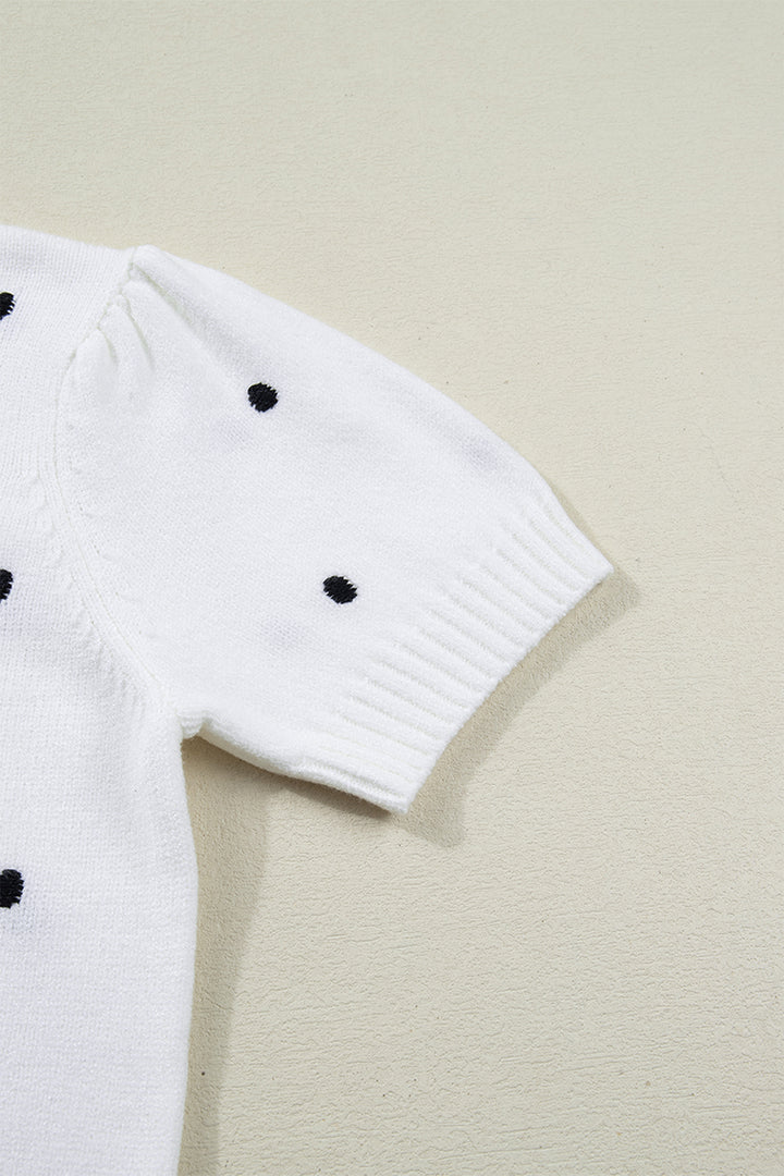 White Elegant Polka Dot Bubble Short Sleeve Sweater