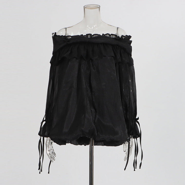 Retro Off-the-Shoulder Strap Bell-Sleeve Solid Color Chiffon Top