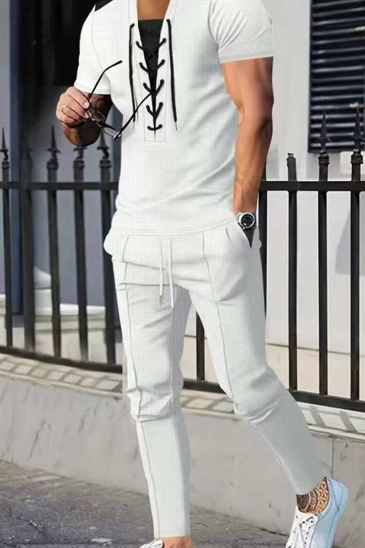 Men's Full Size Lace-Up Front Top and Pants Casual Set Plus Size