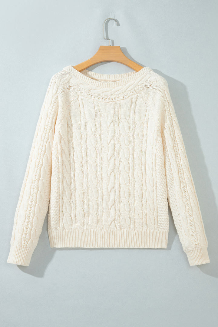 Beige Drop Shoulder Round Neck Cable Knit Sweater