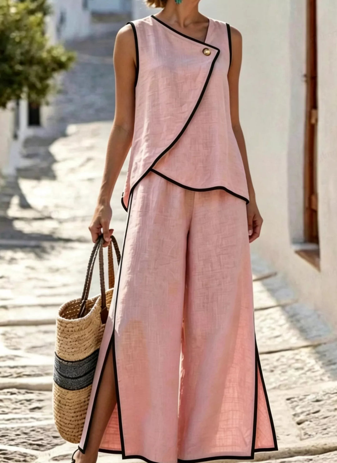 Contrast Trim Top and Slit Pants Set